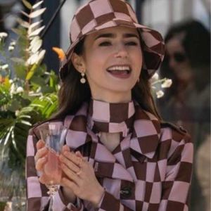 Emily Pink Brown Puzzle Print Trench Coat worn by celebrity