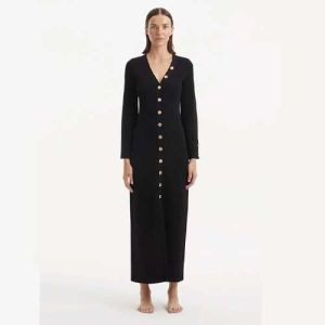 Nira Black Knit Dress: Elegant V-Neck with Gold Shell Buttons product image